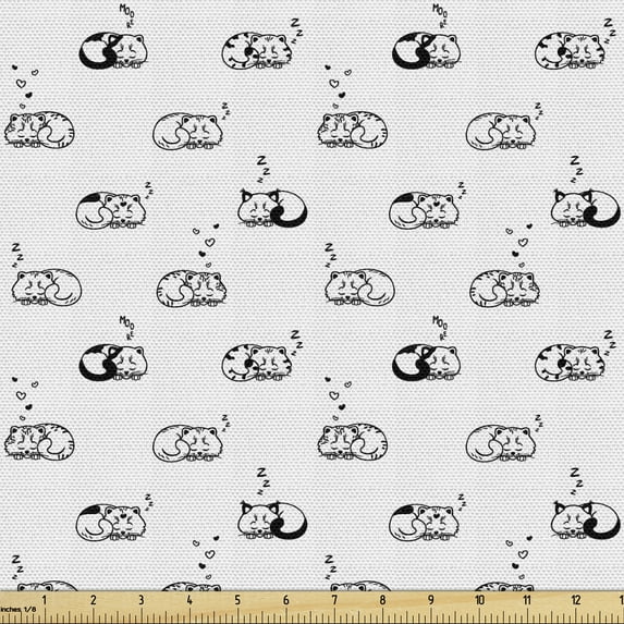 Ambesonne Cat Fabric by the Yard Upholstery, Minimalist Sleeping Kittens, 2 Yards, Pearl Charcoal Grey