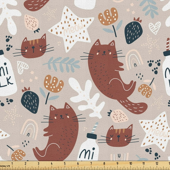 Ambesonne Cat Fabric by the Yard Upholstery, Simplistic Flowers Leaves Milk, 2 Yards, Cinnamon and Pale Blue Grey