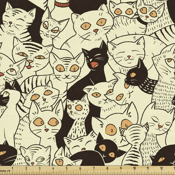 Ambesonne Cat Fabric by the Yard Upholstery, Sketch Style Kitten Design, 10 Yards, Pale Yellow Black
