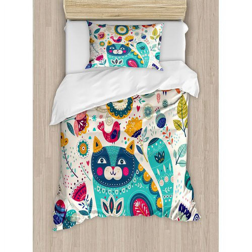Twin Blue and Magenta Cat Floral Duvet Cover Set