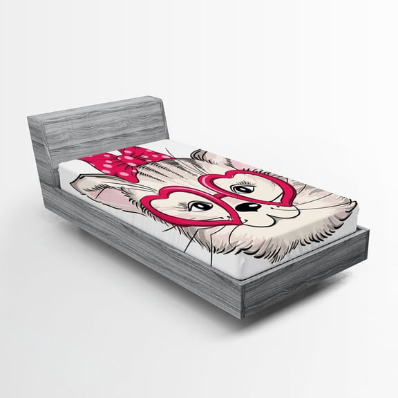 Ambesonne Cat Fitted Sheet 2 Pcs Set, Heart Shape Glasses Bow, Twin, Magenta Beige Black