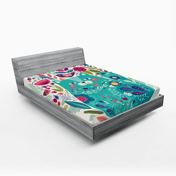 Ambesonne Cat Fitted Sheet 2 Pcs Set, Kitty with Flower and Bird, Queen, Multicolor Seafoam