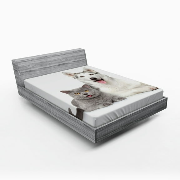 Ambesonne Cat Fitted Sheet, Animals Pets Dogs Digital, Queen Size, White and Grey