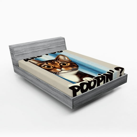 Ambesonne Cat Fitted Sheet, Are You Poopin' Curious Kitty, Full Size, Blue Coconut Chocolate