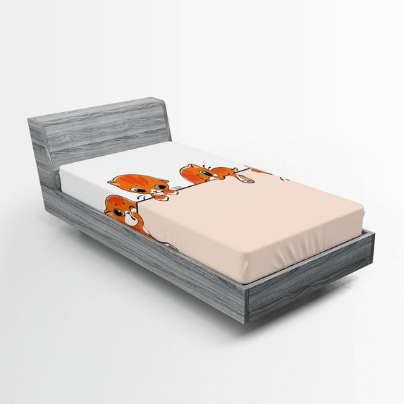 Ambesonne Cat Fitted Sheet, Banner with Little Kitties, Twin XL Size, Orange Cream White