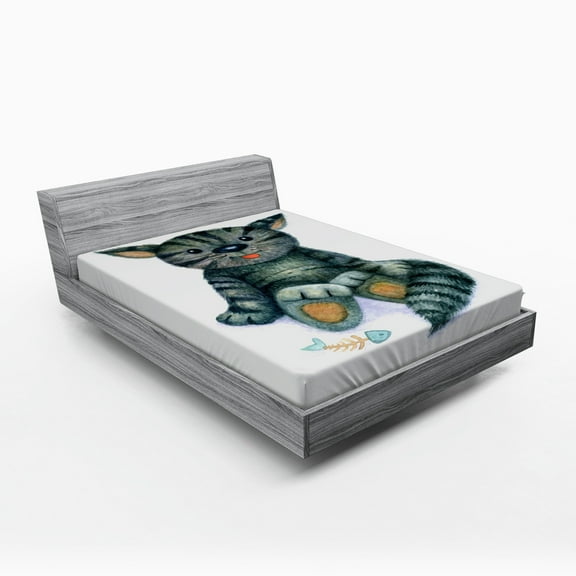 Ambesonne Cat Fitted Sheet, Cat Cartoon Fish Skeleton, Full Size, Grey Cream