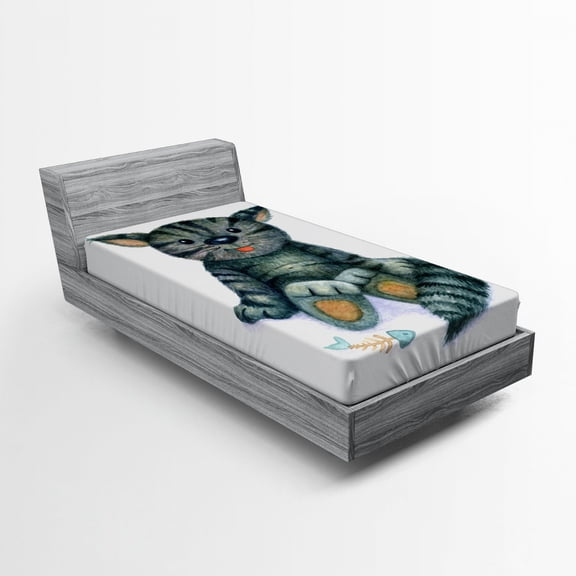 Ambesonne Cat Fitted Sheet, Cat Cartoon Fish Skeleton, Twin XL Size, Grey Cream