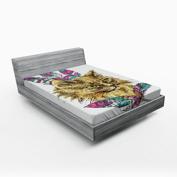 Ambesonne Cat Fitted Sheet, Cat with Colorful Feathers, Queen Size, Multicolor