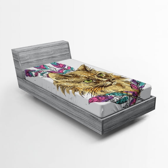 Ambesonne Cat Fitted Sheet, Cat with Colorful Feathers, Twin XL Size, Multicolor