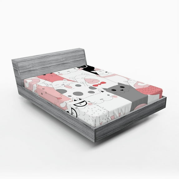 Ambesonne Cat Fitted Sheet, Funny Kittens Humor Doodle, Full Size, Pale Pink White Black