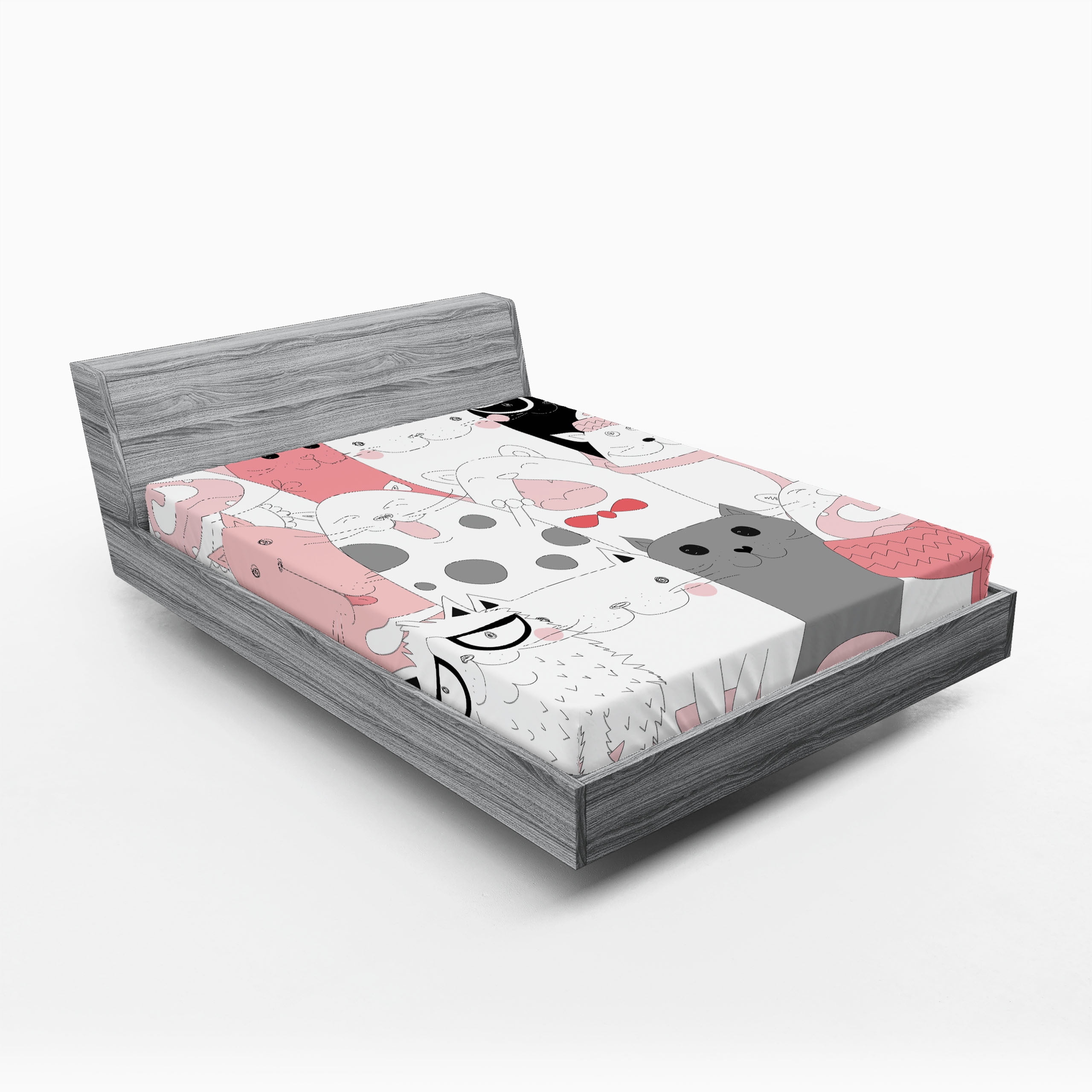 Queen Size White and Pink Microfiber Cat Print Fitted Sheet