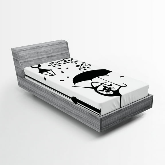 Ambesonne Cat Fitted Sheet, Funny Kitty with Umbrella, Twin Size, White and Black