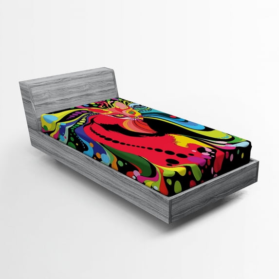 Ambesonne Cat Fitted Sheet, Futuristic Rainbow, Twin XL Size, Multicolor
