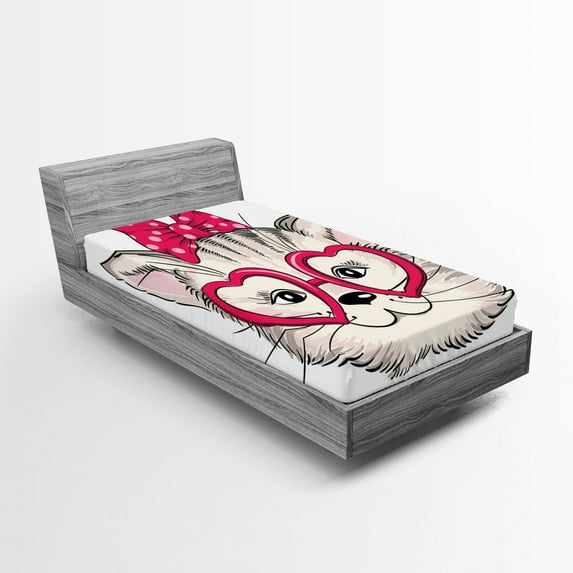 Ambesonne Cat Fitted Sheet, Heart Shape Glasses Bow, Twin XL Size, Magenta Beige Black