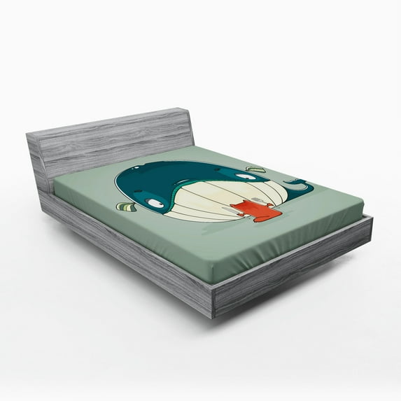 Ambesonne Cat Fitted Sheet, Kitten Eating Huge Fish, Queen Size, Almond Green Teal