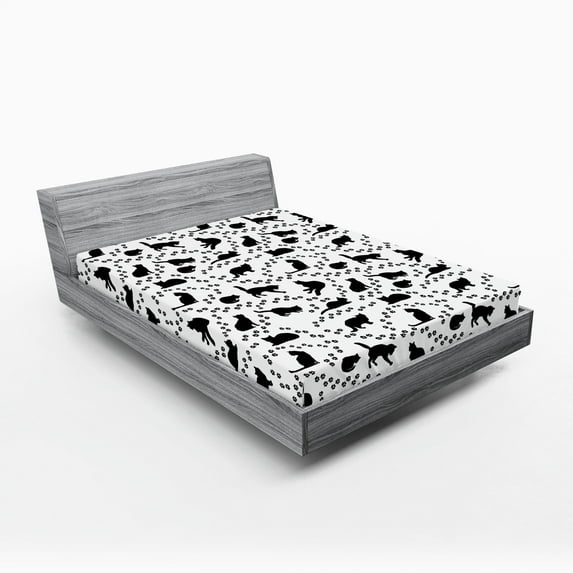 Ambesonne Cat Fitted Sheet, Kittens Footprints Paws, King Size, Black and White