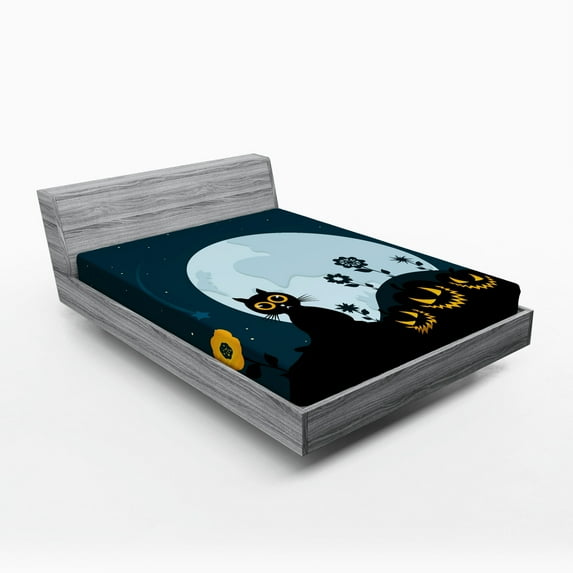 Ambesonne Cat Fitted Sheet, Kitty Under Moon, Full Size, Black Blue