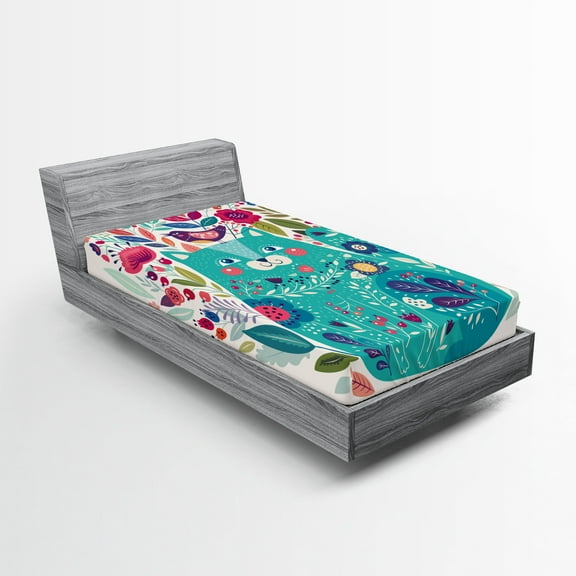 Ambesonne Cat Fitted Sheet, Kitty with Flower and Bird, Twin Size, Multicolor Seafoam