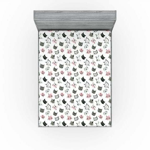 Ambesonne Cat Fitted Sheet, Little Kitty Faces Cartoon Art, Full Size, Rose Dark Grey and White