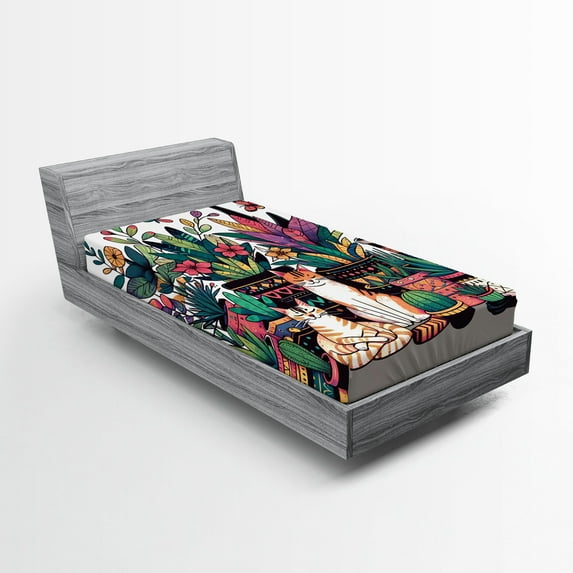 Ambesonne Cat Fitted Sheet, Modern Blooms Kitties Cozy Calm, TwinXL Size, Teal Pink and Purple