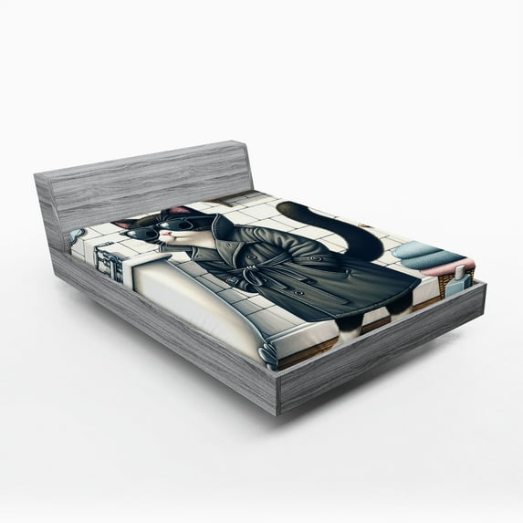 Ambesonne Cat Fitted Sheet, Mysterious Detective Kitty Bath, Queen Size, Charcoal Grey White