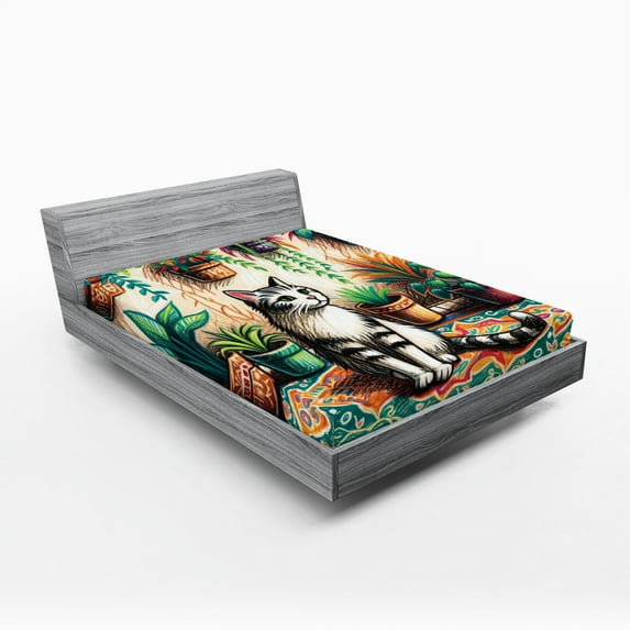 Ambesonne Cat Fitted Sheet, Painting Boho Cozy Scene Kitty, Queen Size, Jade Green Grey Orange