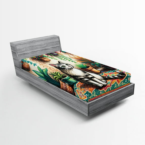 Ambesonne Cat Fitted Sheet, Painting Boho Cozy Scene Kitty, TwinXL Size, Jade Green Grey Orange