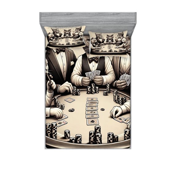 Ambesonne Cat Fitted Sheet & Pillow Sham Set, Gentleman Kitties Playing Poker, Queen, Ivory Dark Taupe