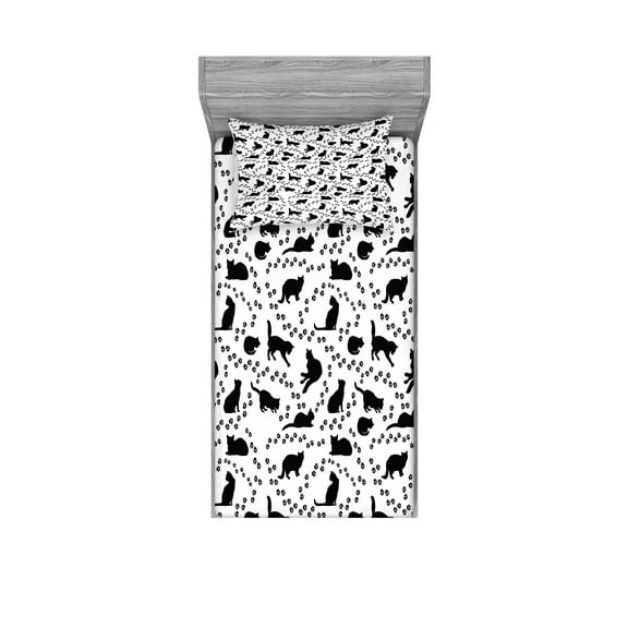 Ambesonne Cat Fitted Sheet & Pillow Sham Set, Kittens Footprints Paws, Twin, Black and White