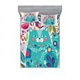 thumbnail image 1 of Ambesonne Cat Fitted Sheet & Pillow Sham Set, Kitty with Flower and Bird, Queen, Multicolor Seafoam, 1 of 2