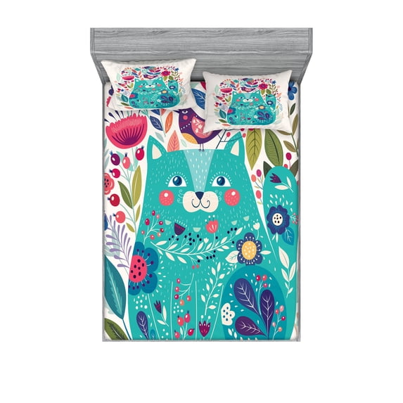 Ambesonne Cat Fitted Sheet & Pillow Sham Set, Kitty with Flower and Bird, Queen, Multicolor Seafoam