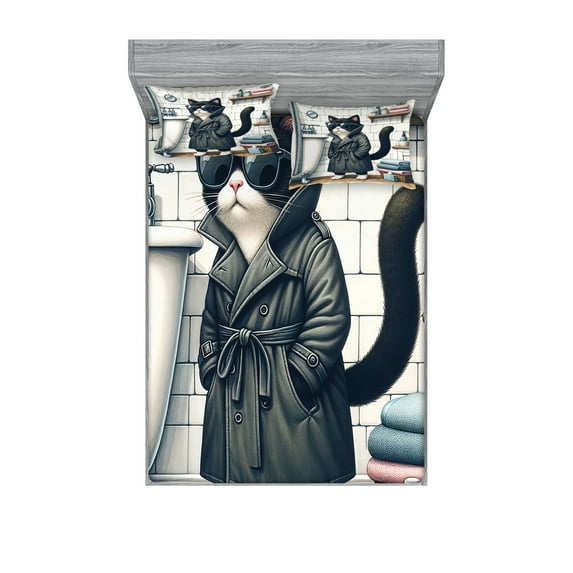 Ambesonne Cat Fitted Sheet & Pillow Sham Set, Mysterious Detective Kitty Bath, Queen, Charcoal Grey White