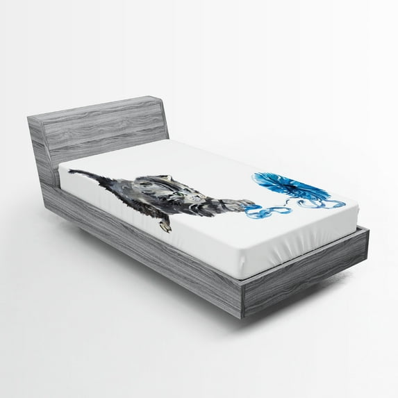 Ambesonne Cat Fitted Sheet, Playful Kitten Furry, Twin XL Size, Grey Blue