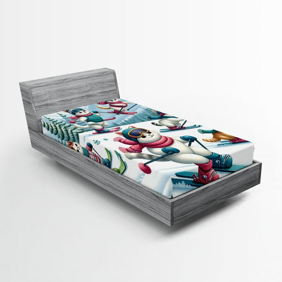 Ambesonne Cat Fitted Sheet, Snowy Cartoon Skiing Kitties, Twin Size, Pale Blue Raspberry White