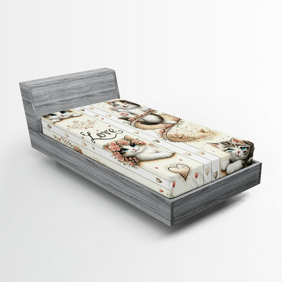 Ambesonne Cat Fitted Sheet, Vintage Smiling Blue Eyed Kitty, Twin Size, Ivory Pale Brown Grey