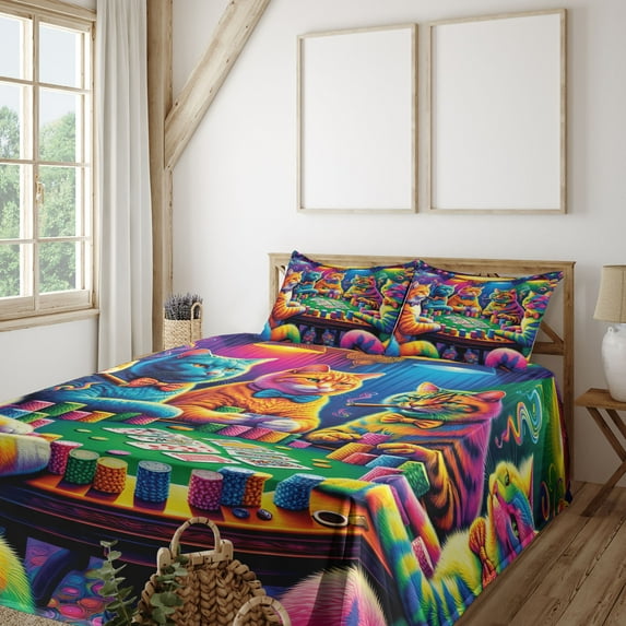 Ambesonne Cat Fitted & Top Sheet Set with Sham, Colorful Kitties Play Poker, Magenta Orange and Purple
