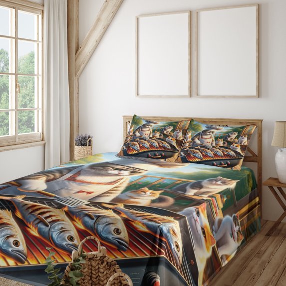 Ambesonne Cat Fitted & Top Sheet Set with Sham, Funny Chef Kitty Grilling Fish, Green Orange
