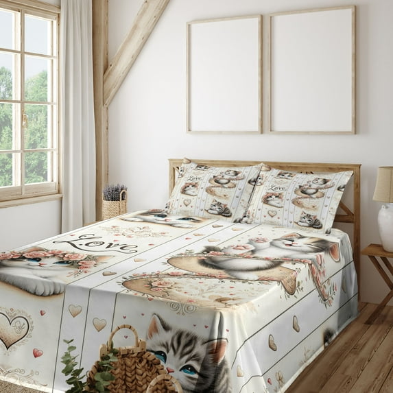 Ambesonne Cat Fitted & Top Sheet Set with Sham, Vintage Smiling Blue Eyed Kitty, Ivory Pale Brown Grey