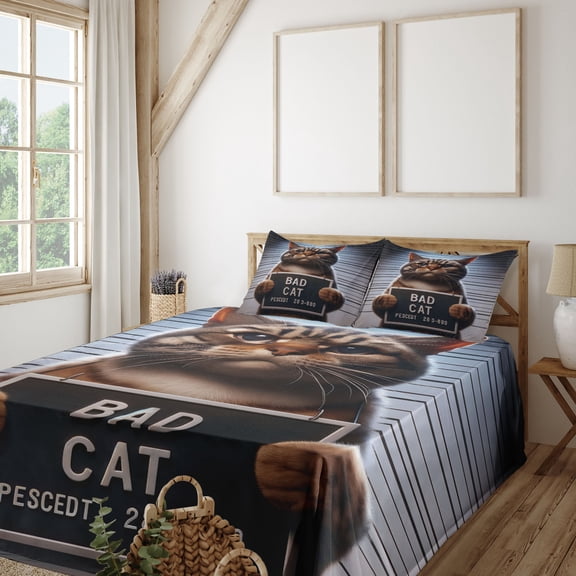 Ambesonne Cat Fitted & Top Sheet Set with Sham, Whimsical Bad Kitty Mug Shot, Umber and Pale Blue Grey