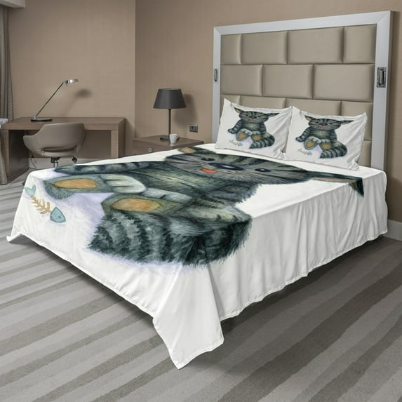 Ambesonne Cat Fitted & Top Sheet Set with Shams, Cat Cartoon Fish Skeleton, Grey Cream