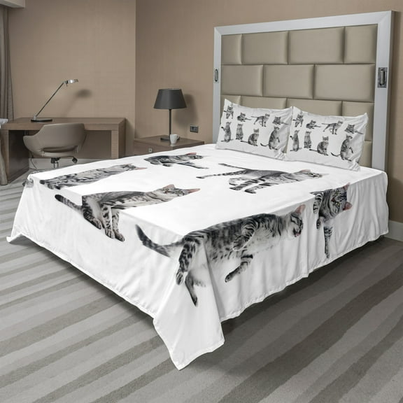 Ambesonne Cat Fitted & Top Sheet Set with Shams, Photos of a Tabby Kitten Print, White Pale Grey