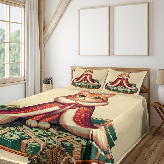 Ambesonne Cat Fitted & Top Sheet Set with Shams, Queen Kitty Character on Money, Cream Hunter Green and Orange