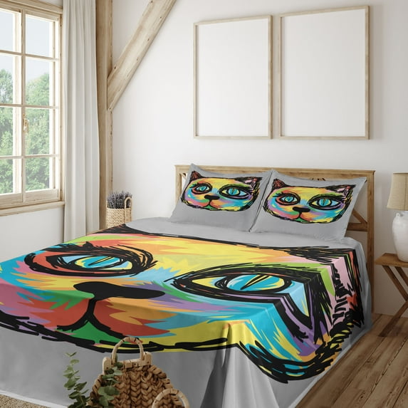 Ambesonne Cat Fitted & Top Sheet Set with Shams, Sketch Art Dark Big Eyes, Multicolor