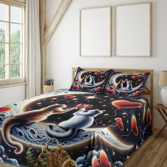 Ambesonne Cat Fitted & Top Sheet Set with Shams, Toasting Kitty Couple Moon Star, Indigo and Scarlet