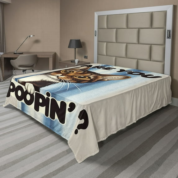 Ambesonne Cat Flat Sheet, Are You Poopin' Curious Kitty, King Size, Blue Coconut Chocolate