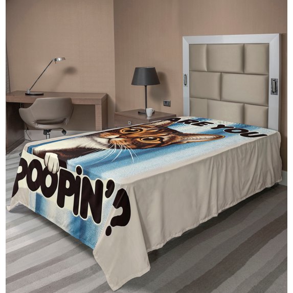 Ambesonne Cat Flat Sheet, Are You Poopin' Curious Kitty, Twin Size, Blue Coconut Chocolate