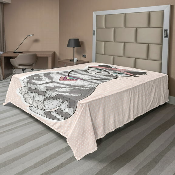 Ambesonne Cat Flat Sheet, Art Kitty Glasses Illustration, Full Size, Pale Pink Grey