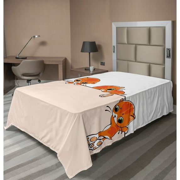 Ambesonne Cat Flat Sheet, Banner with Little Kitties, TwinXL Size, Orange Cream White