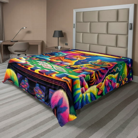 Ambesonne Cat Flat Sheet, Colorful Kitties Play Poker, King Size, Magenta Orange and Purple