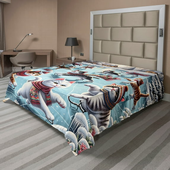 Ambesonne Cat Flat Sheet, Cottages Ice Skating Kitties, Full Size, Soft Blue Burnt Orange